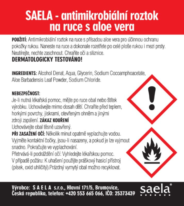 SAELA - antimikrobiálny èistiaci roztok na ruky s aloe vera - 750 ml s rozprašovaèom