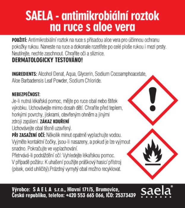 SAELA - antimikrobilny istiaci roztok na ruky s aloe vera - 750 ml s rozpraovaom